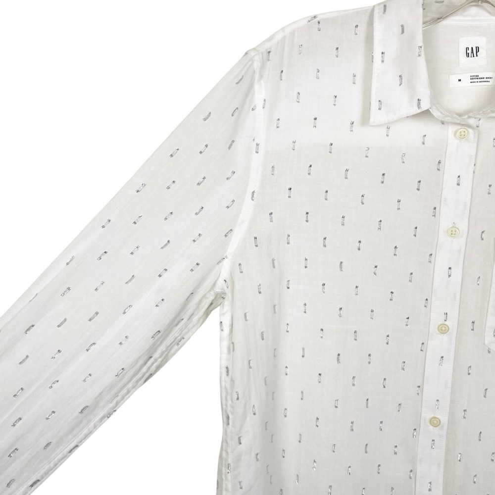 Gap Fitted Boyfriend White Button Down Silver Metallic Clip Dot Shirt Size M - Picture 6 of 14